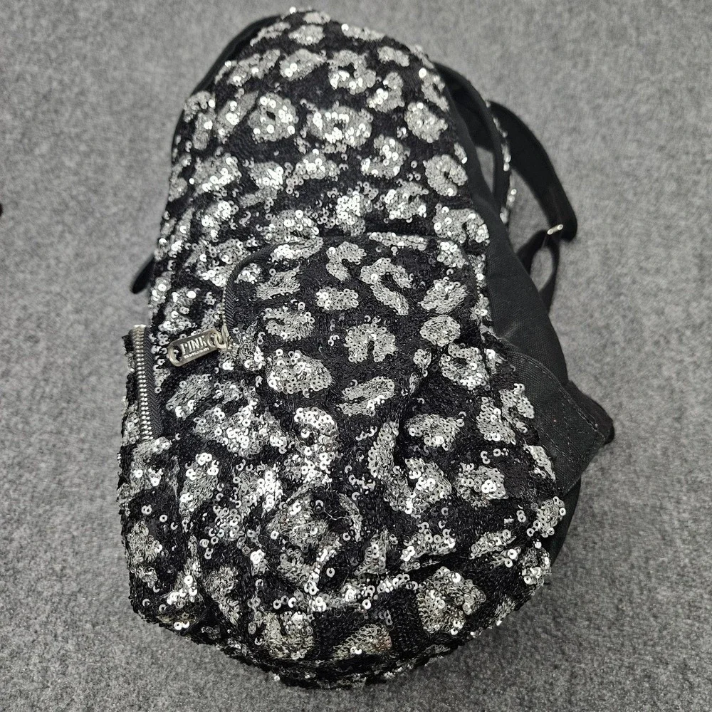 Victorias Secret PINK Backpack Shiny Black Silver Sequin Leopard‎ Animal Print